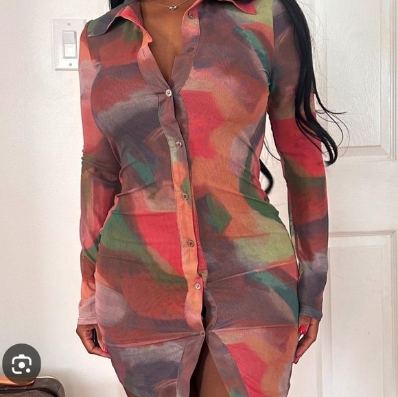 Fashionova Tied Died Mesh Button Down Long Sleeve Dress. Small NWT - Picture 6 of 9